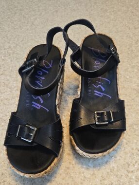 Blowfish Black Leather Espadrille Wedge Sandals